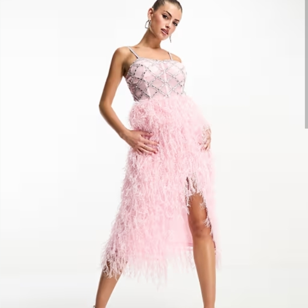 Starlet exclusive embellished faux feather midi dress in pink